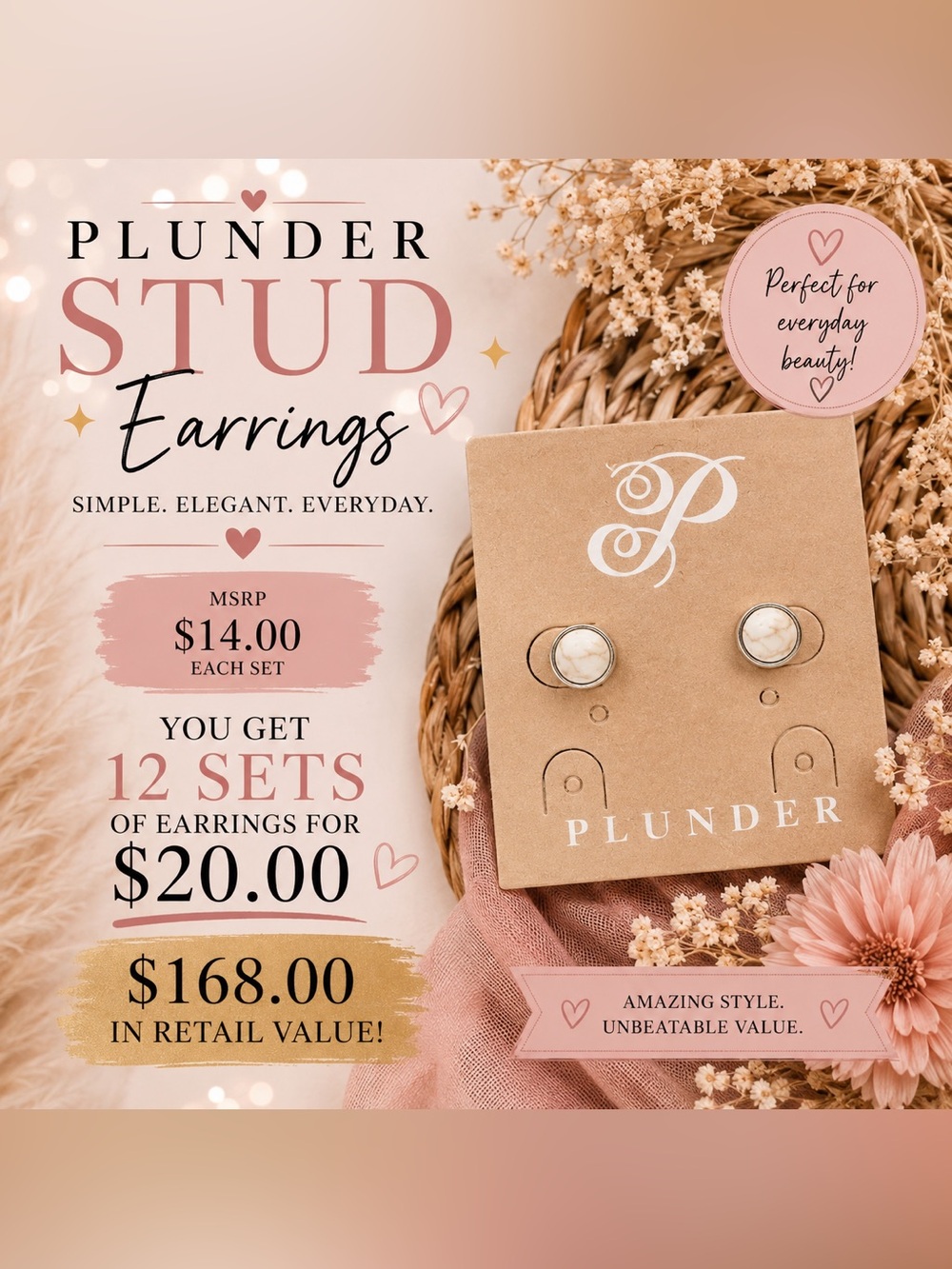Plunder Cream and Gold Round Stud Earrings